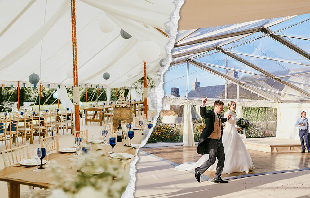 Two images side by side of different types of marquees.